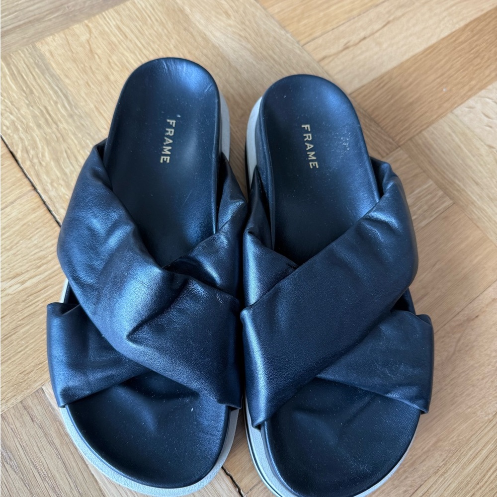 Frame platform leather slide sandals